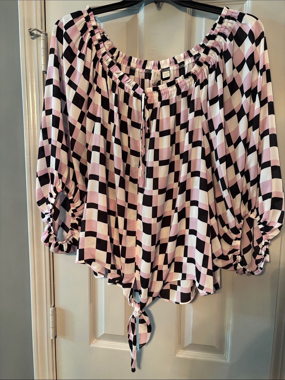 Cato Pink White & Black Check Peasant Top with Tie Bottom